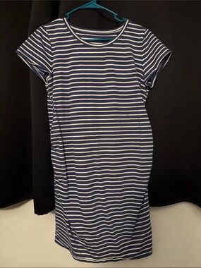 Navy and White Striped Maternity  Midi T-Shirt Dress